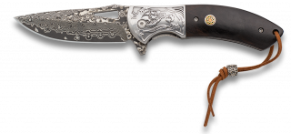 Damascus penknife. Ornated steel bolster