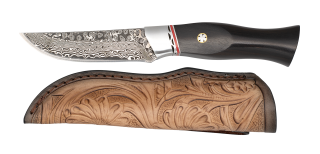 Damascus knife w/ ornated leather sheath