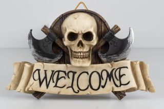 Resin decoration. "Welcome". Skull-Axes
